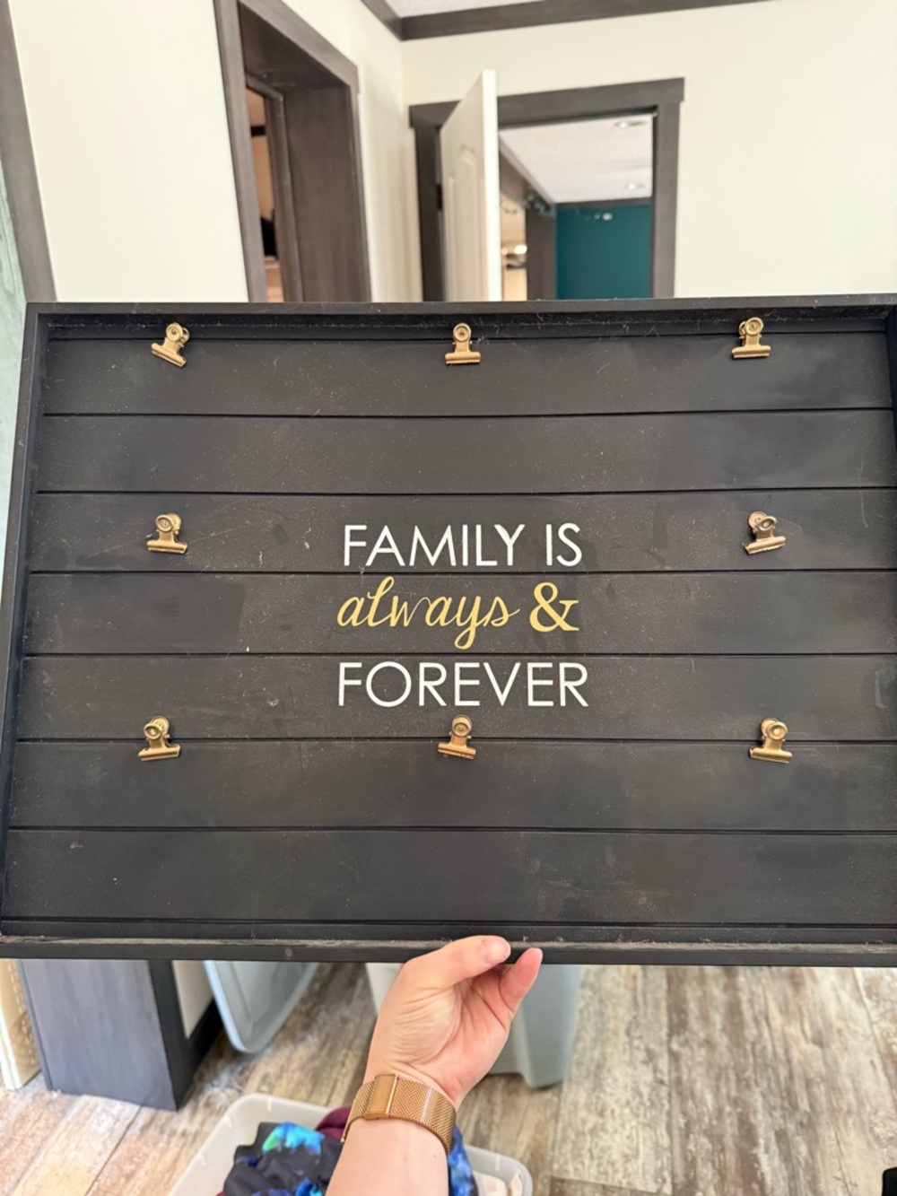 Black Message Board with Gold Clips - "Family is Always & Forever"
